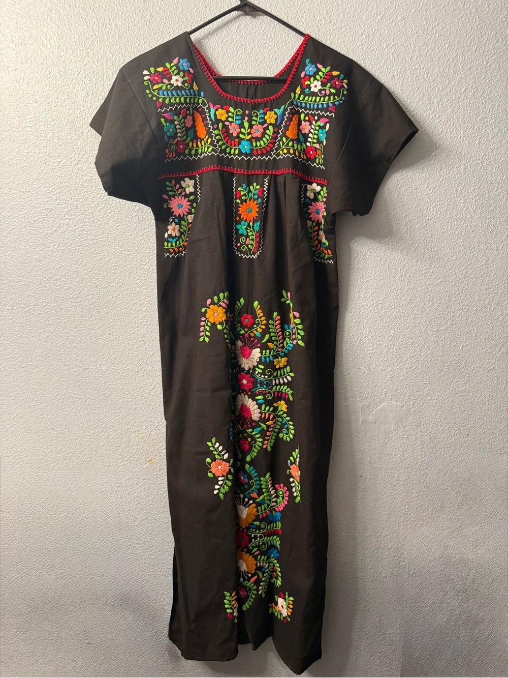 MEXICANA Black Maxi Dress with Bright Floral Embroidery NWOT